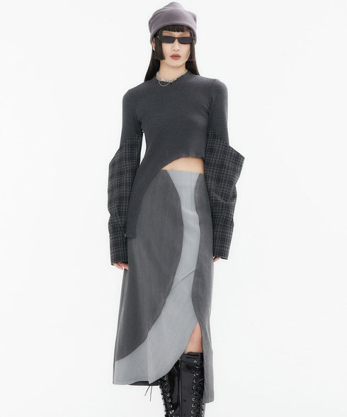 Asymmetric Plaid Sleeve Knit Top